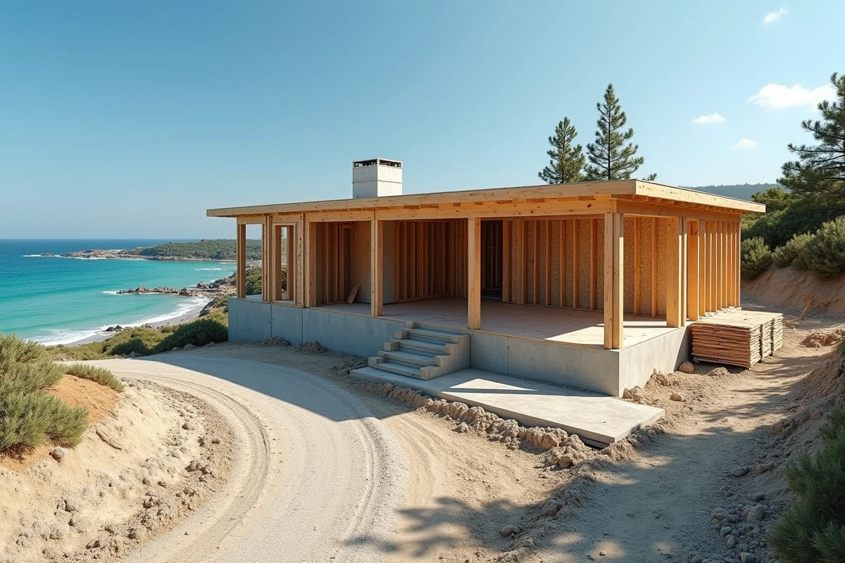 Maison secondaire en cours de construction sur un terrain en bord de mer avec vue sur une crique turquoise