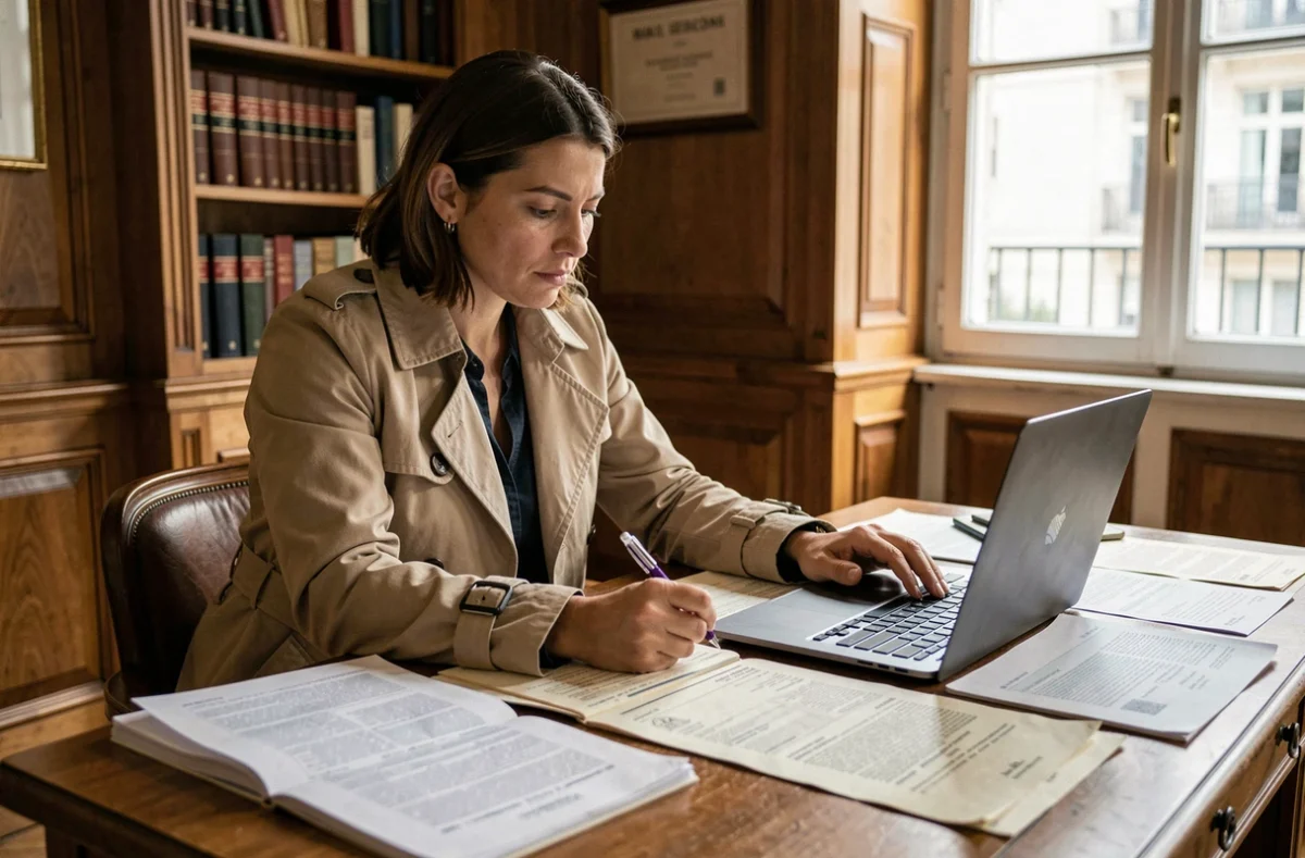 Femme consultant des documents cadastraux chez un notaire pour trouver le propriétaire d'un bien immobilier loué