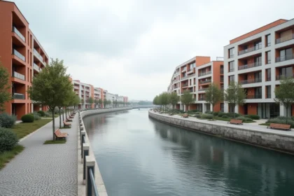 Vue panoramique du nouveau quartier CONVERGENCE 94 à Alfortville depuis les berges de la Seine, avec ses immeubles modernes en bord de fleuve et sa promenade piétonne arborée