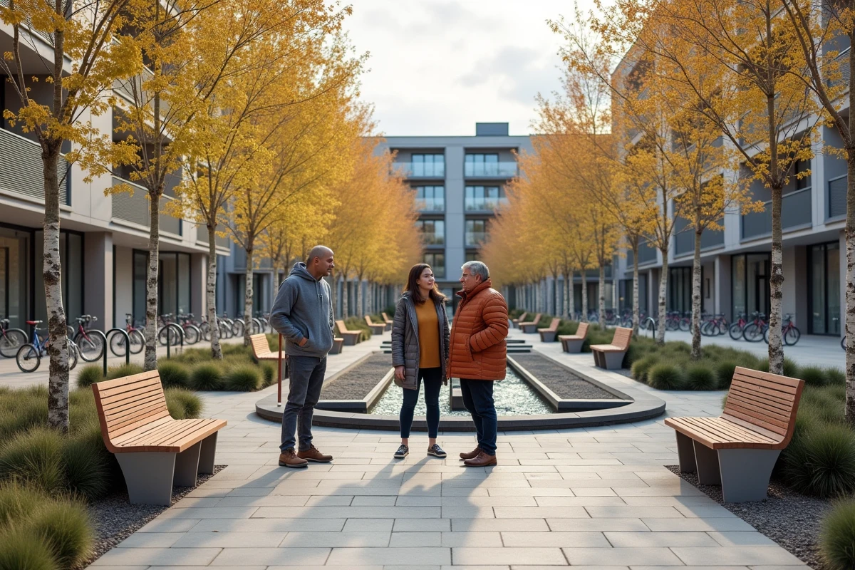 Place publique du quartier CONVERGENCE 94 à Alfortville avec ses espaces verts paysagers et ses habitants profitant des nouveaux aménagements urbains en automne