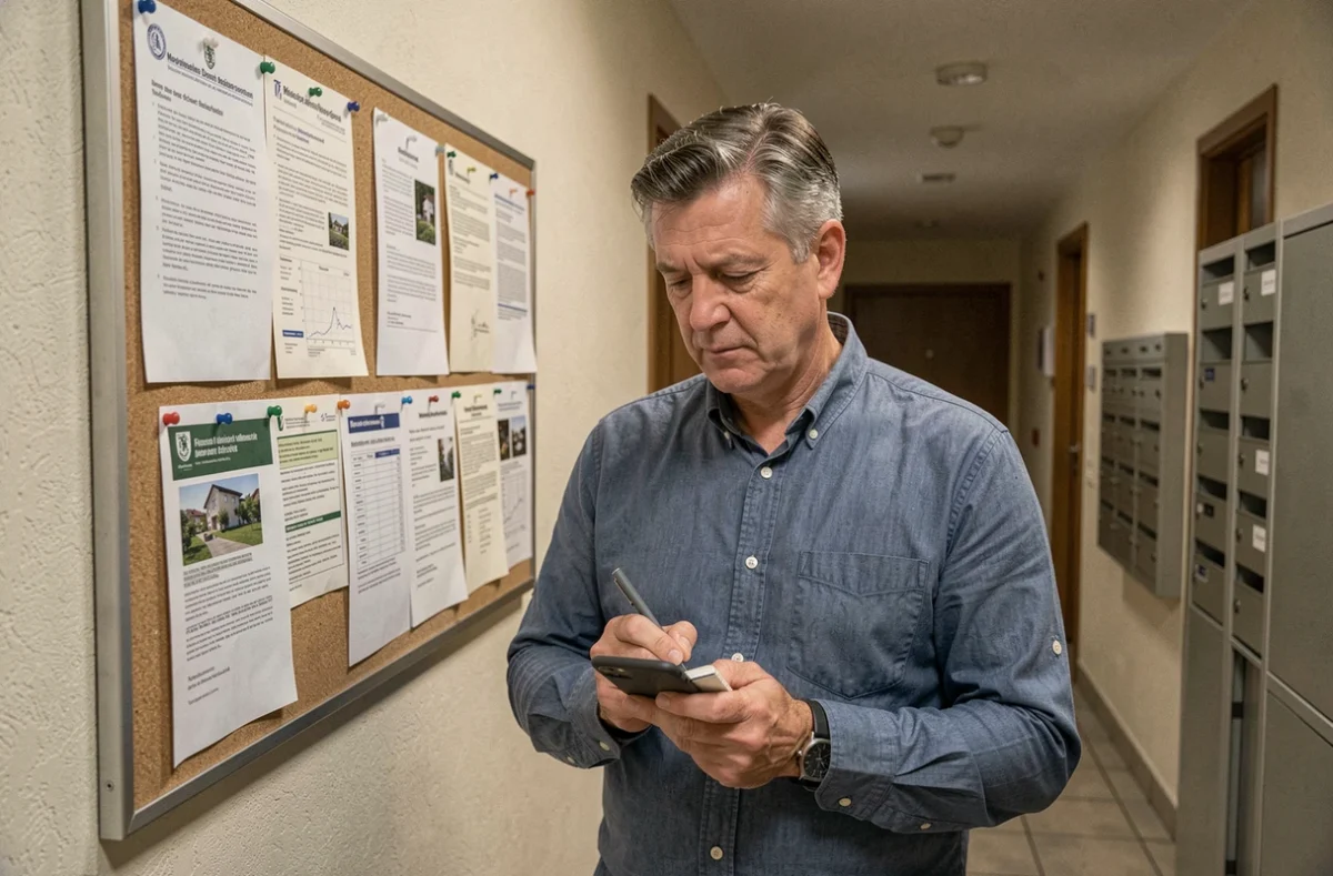 Copropriétaire consultant des avis de syndics affichés dans le couloir de son immeuble tout en prenant des notes