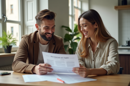 Jeune couple en cuisine moderne avec documents et ordinateur
