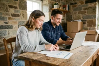 Couple de locataires qui étudie leur budget pour louer une maison dans l'Eure, assis à une table en bois avec des documents et un ordinateur portable