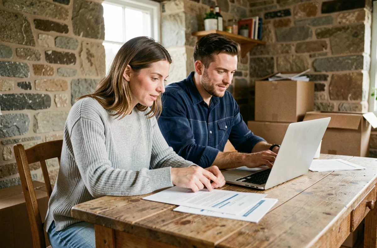Couple de locataires qui étudie leur budget pour louer une maison dans l'Eure, assis à une table en bois avec des documents et un ordinateur portable