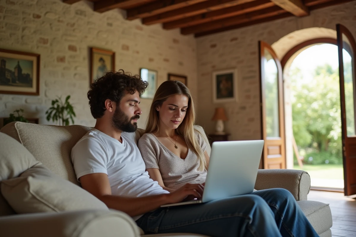 Jeune couple dans salon avec ordinateur et décoration vintage