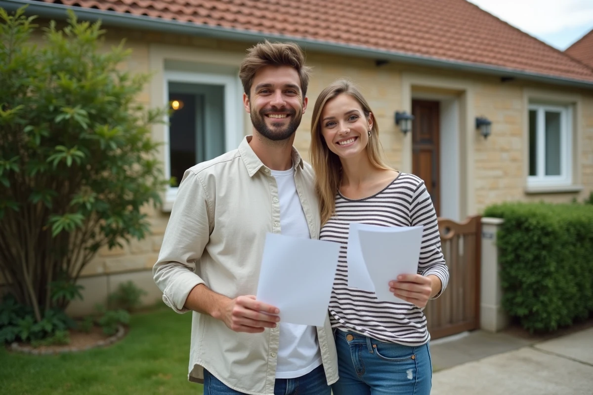 Couple devant une maison avec jardin à louer, tenant leur dossier de candidature locative