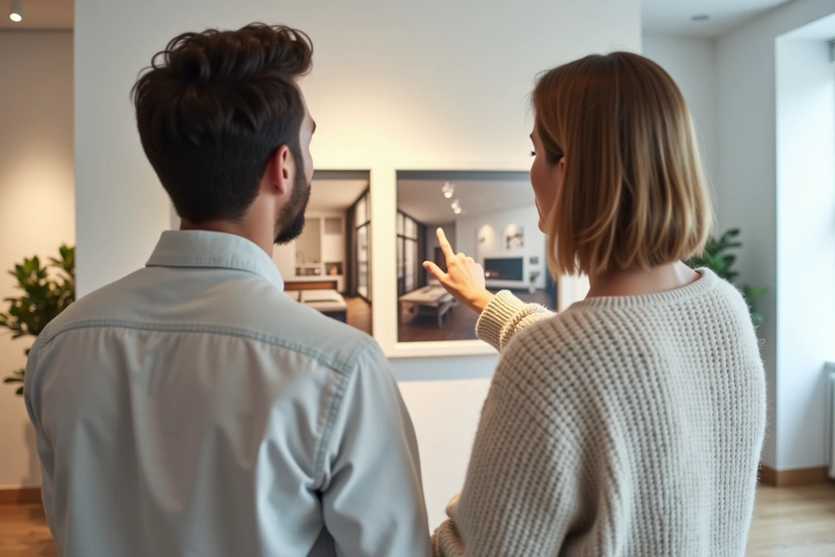 Couple visitant une agence immobilière, comparant les styles haussmannien et loft moderne sur un panneau d'exposition intérieure