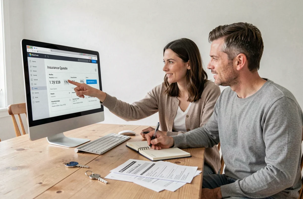 Couple comparant des offres d'assurance habitation en ligne sur un ordinateur de bureau à la maison