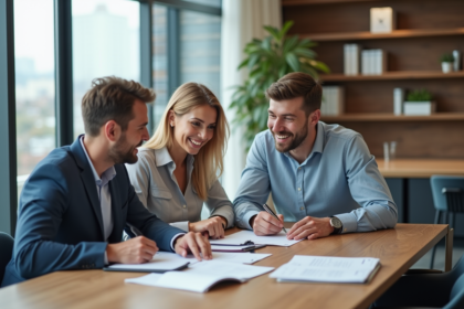 Jeune couple souriant avec conseiller bancaire pour prêt immobilier
