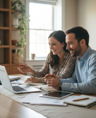 Jeune couple souriant en cuisine avec ordinateur et papiers