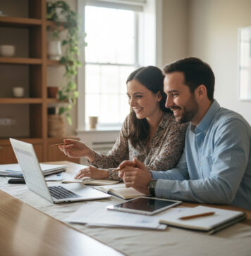 Jeune couple souriant en cuisine avec ordinateur et papiers