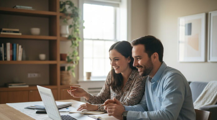 Jeune couple souriant en cuisine avec ordinateur et papiers
