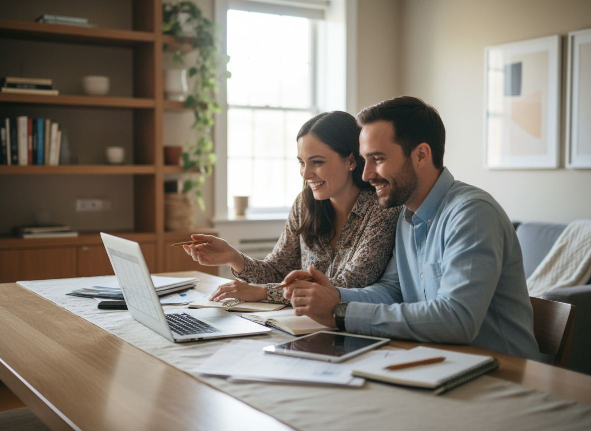 Jeune couple souriant en cuisine avec ordinateur et papiers