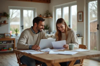 Jeune couple dans la cuisine avec papiers et ordinateur