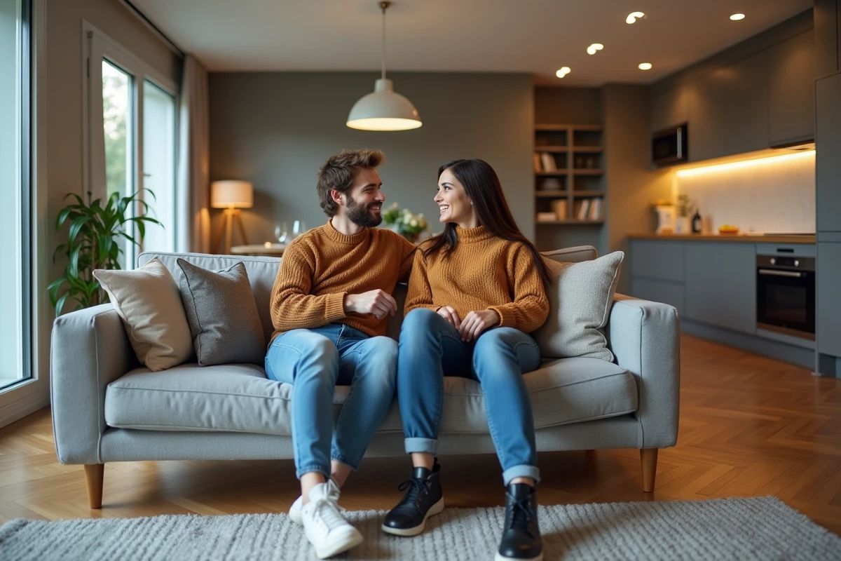 Jeune couple détendu dans un salon moderne et spacieux