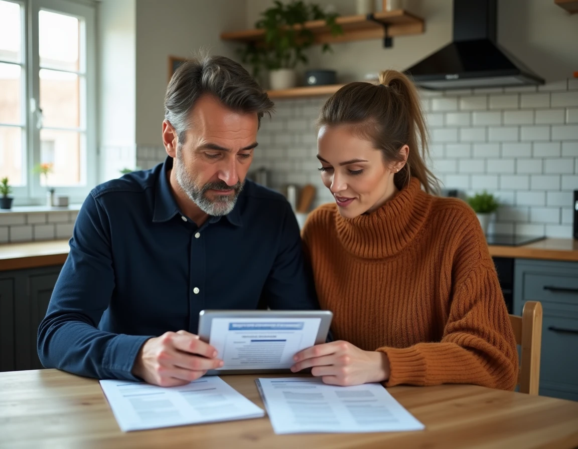 Couple étudiant un dossier de simulation aide au logement Action Logement à la maison