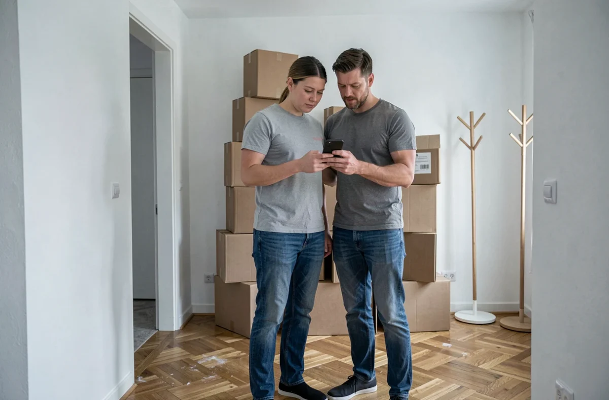 Couple dans un appartement en emménagement consultant un comparateur d'assurance habitation sur smartphone