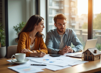 Optimisez vos impôts : minorer la plus-value immobilière en 2025 ! Jeune couple discutant taxes immobilières dans un appartement lumineux