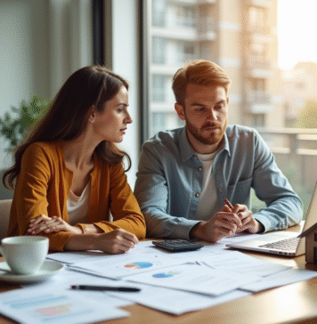 Optimisez vos impôts : minorer la plus-value immobilière en 2025 ! Jeune couple discutant taxes immobilières dans un appartement lumineux