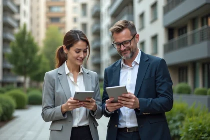 Couple d'adultes en ville examinant des données immobilières