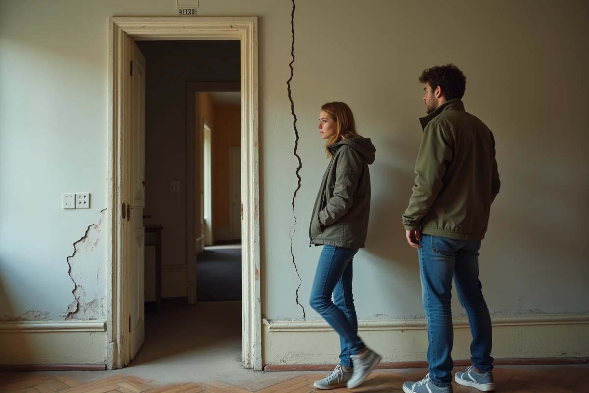 Couple inspectant des fissures murales dans une maison avant achat pour éviter les mauvaises surprises