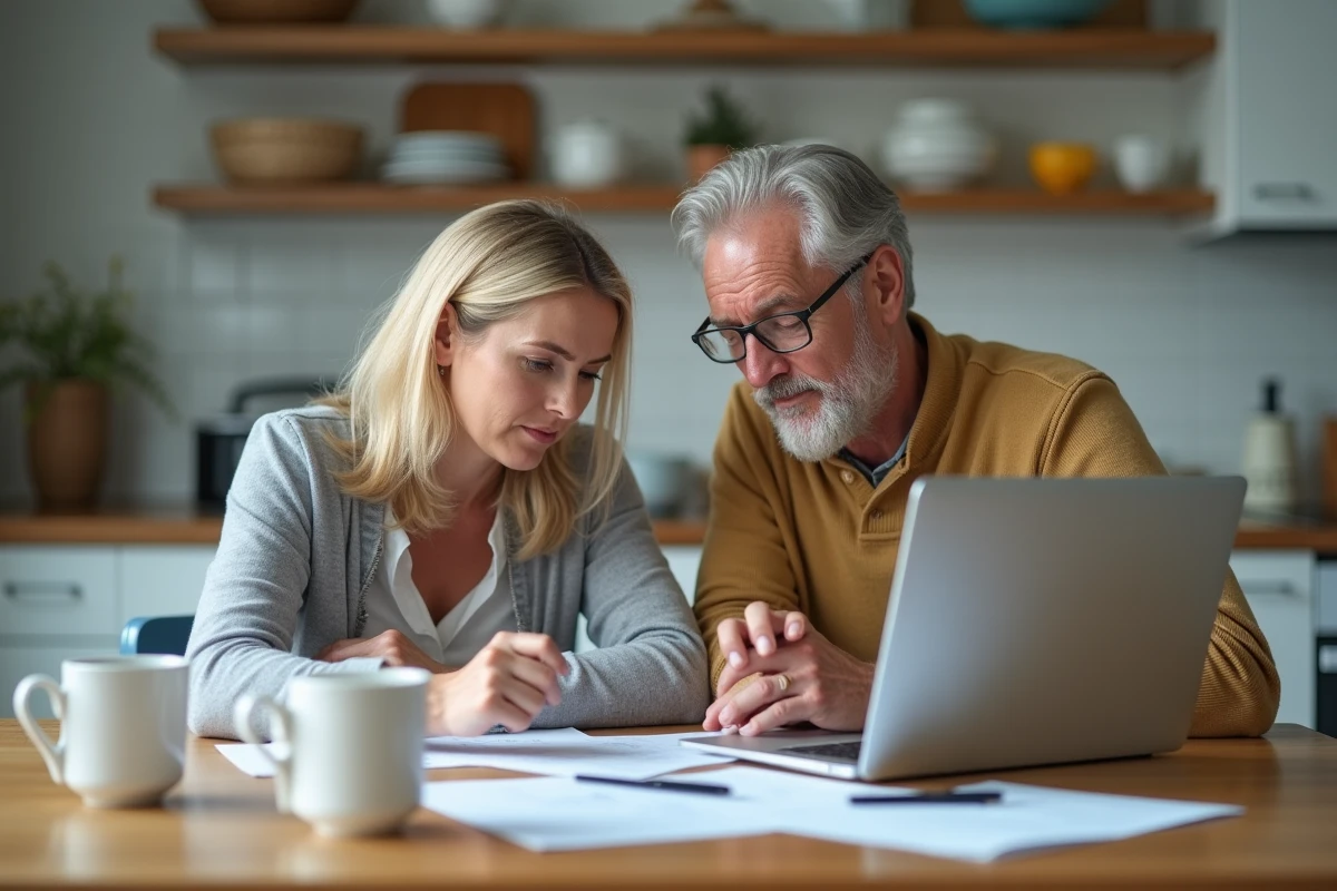 Couple consultant un modèle de lettre pour vice caché immobilier sur ordinateur portable