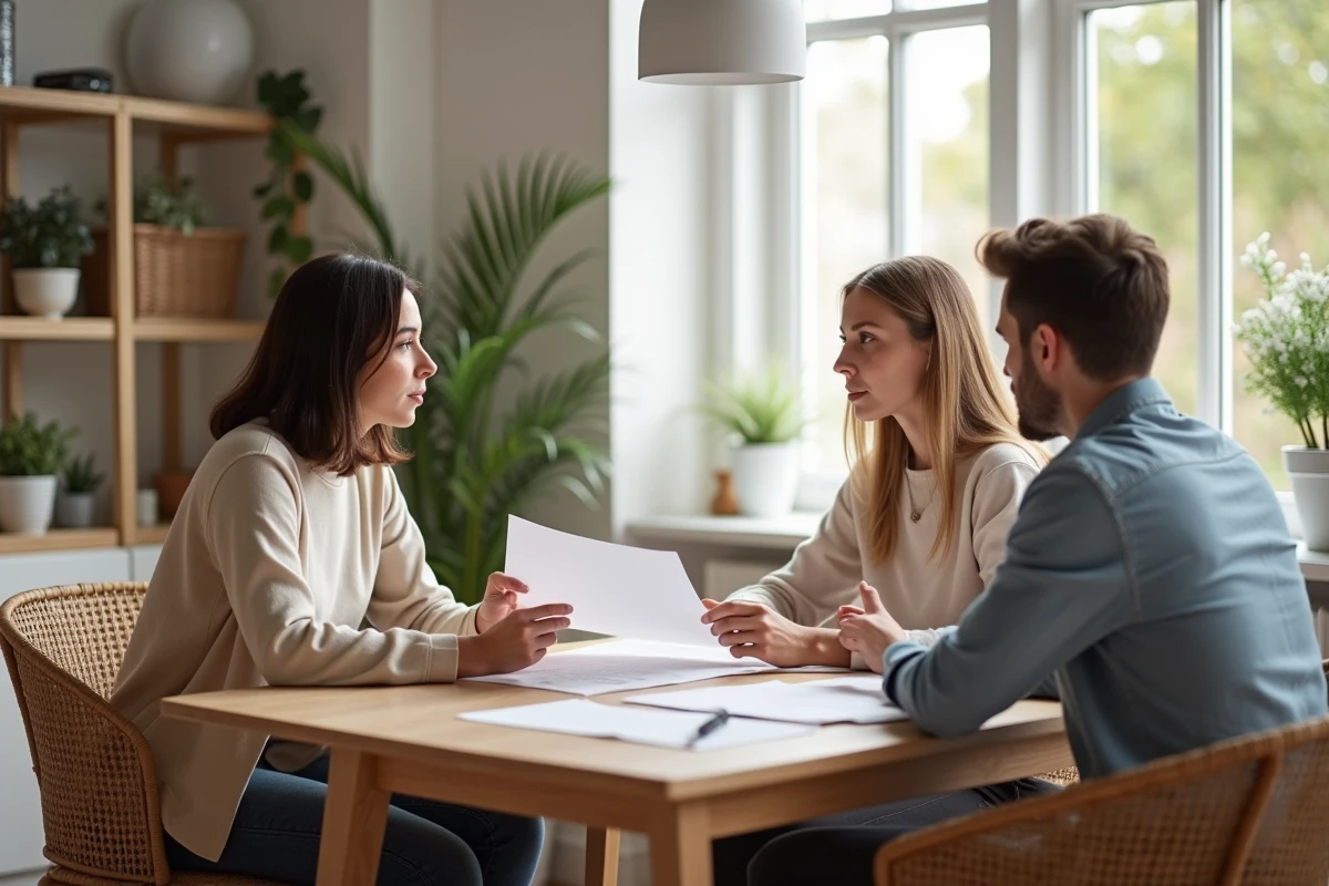 Jeune couple négociant avec agent immobilier dans un appartement lumineux