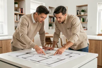 Couple examinant un plan de T3 sur papier dans une agence immobilière moderne pour un achat sur plan en 2026