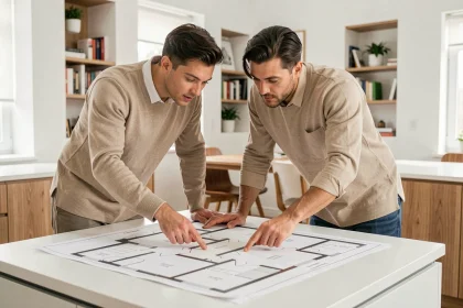 Couple examinant un plan de T3 sur papier dans une agence immobilière moderne pour un achat sur plan en 2026