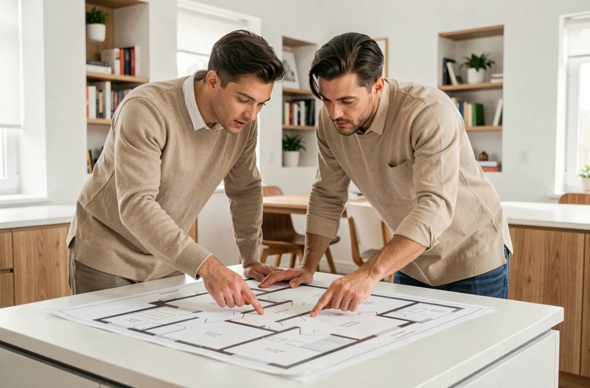 Couple examinant un plan de T3 sur papier dans une agence immobilière moderne pour un achat sur plan en 2026