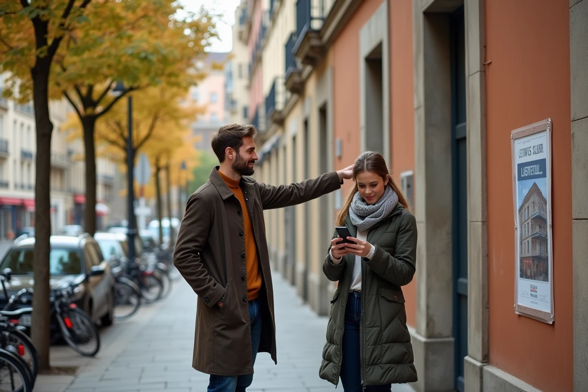 Couple étudiant une annonce de location affichée sur un immeuble haussmannien dans le quartier Presqu'île à Lyon
