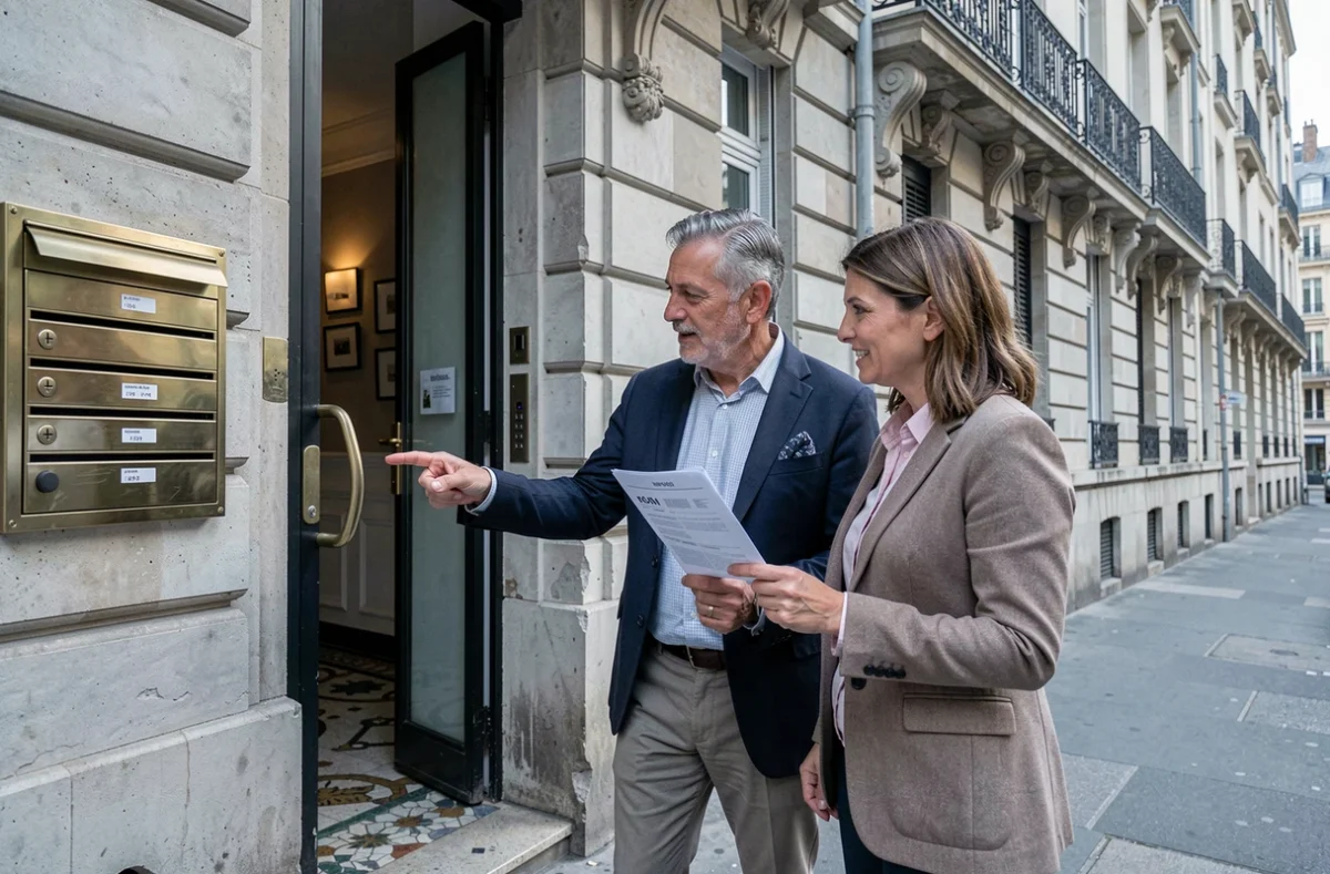 Couple cherchant à identifier le propriétaire d'un immeuble loué devant l'entrée d'un bâtiment haussmannien