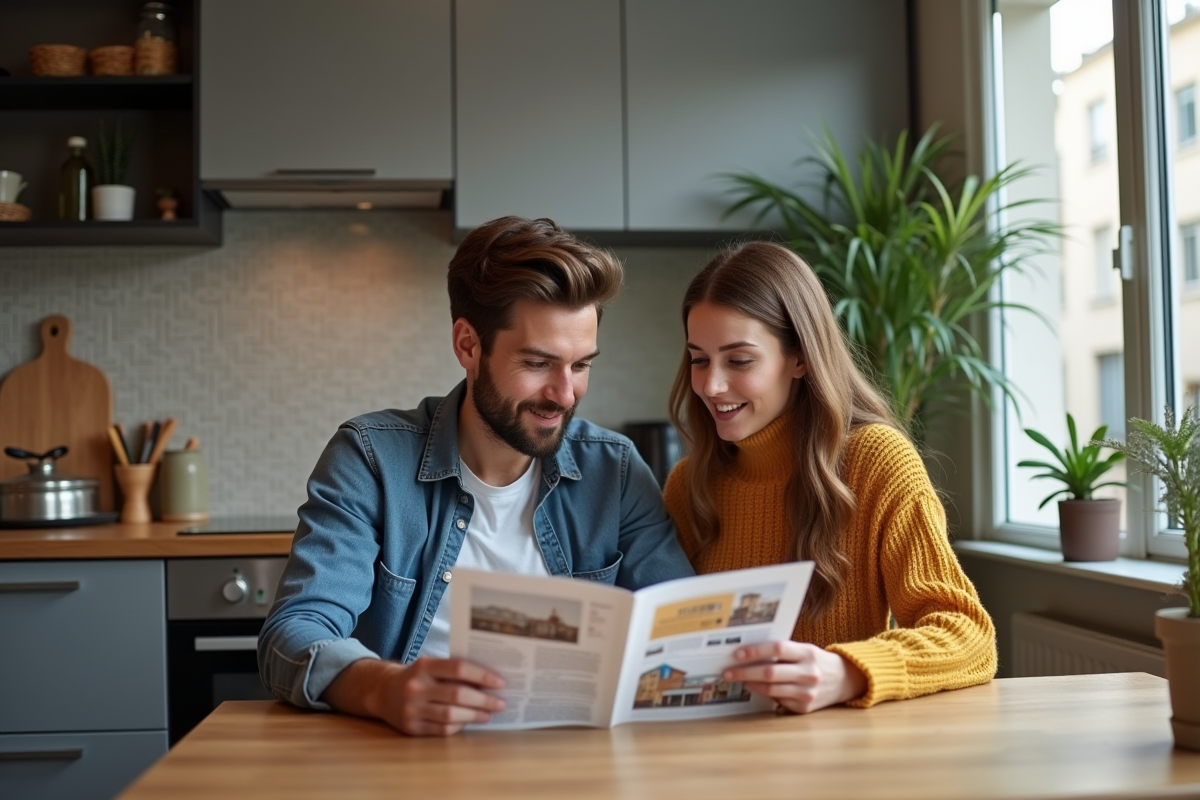 Jeune couple discutant autour d une brochure immobiliere dans la cuisine
