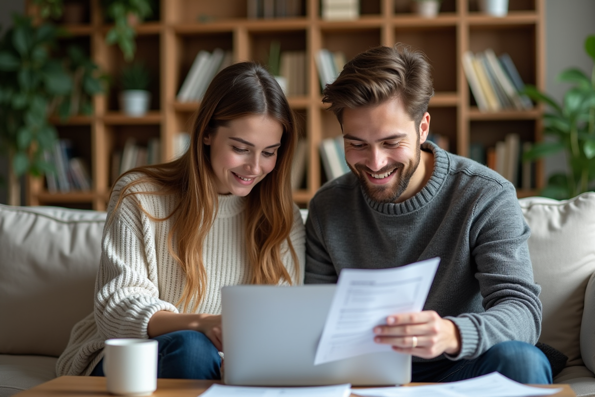 Jeune couple examinant des coûts immobiliers dans leur salon cosy