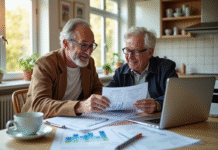 Couple heureux revoyant leurs documents d'impots maison