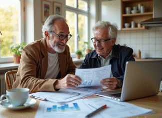 Exonération taxe foncière 2025 : revenu fiscal de référence minimum à atteindre Couple heureux revoyant leurs documents d'impots maison