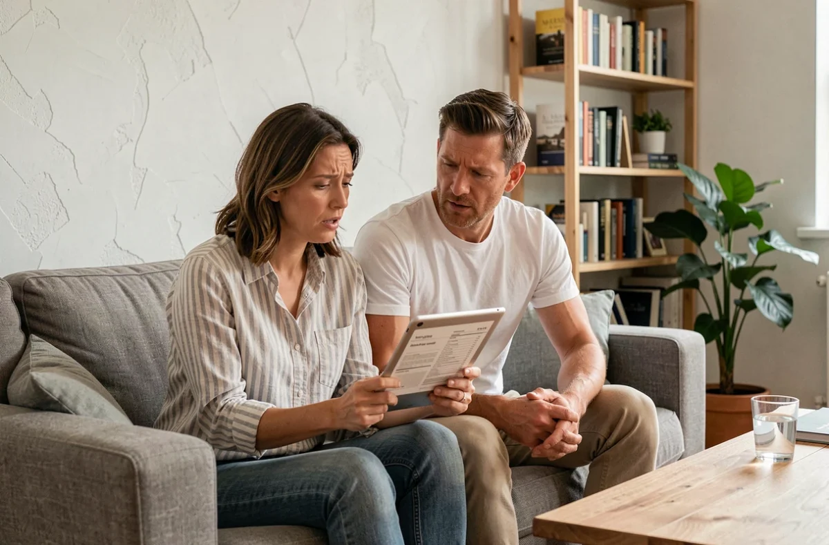 Couple dans leur salon consultant une facture d'assurance habitation en augmentation sur une tablette numérique