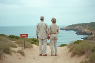 Couple debout sur un terrain à vendre en bord de mer, regardant l'horizon côtier avec un panneau de vente planté dans le sable