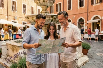 Couple de touristes consultant une carte dans un quartier animé de Nice près d'une fontaine en pierre