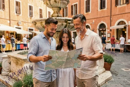 Couple de touristes consultant une carte dans un quartier animé de Nice près d'une fontaine en pierre