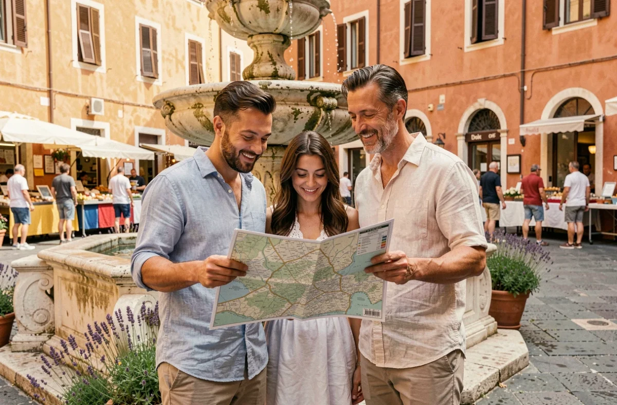 Couple de touristes consultant une carte dans un quartier animé de Nice près d'une fontaine en pierre