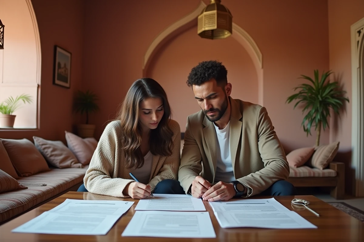 Couple marocain examinant des documents de vente d'appartement dans un riad à Marrakech