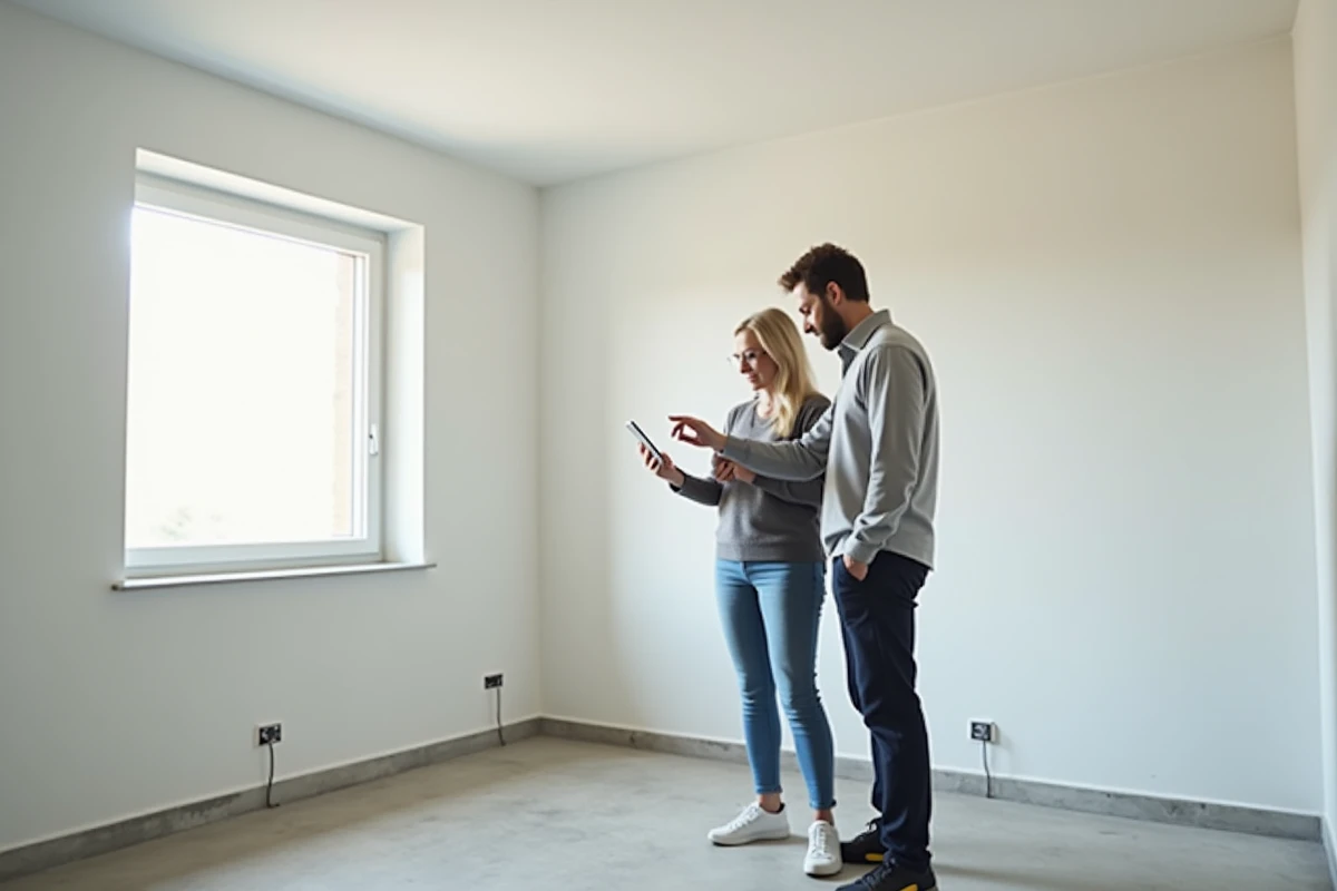 Couple d'acquéreurs examinant la hauteur sous plafond d'une chambre avec une application de mesure pour valider la surface loi Carrez avant de signer un compromis immobilier