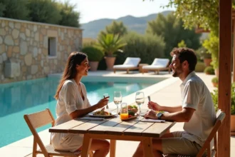 Couple détendu sur la terrasse d'une villa Ibiza