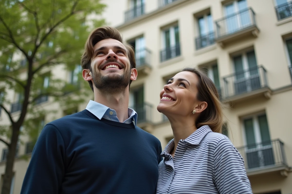 Couple devant un immeuble de logement social parisien lors d'une visite pour leur premier appartement