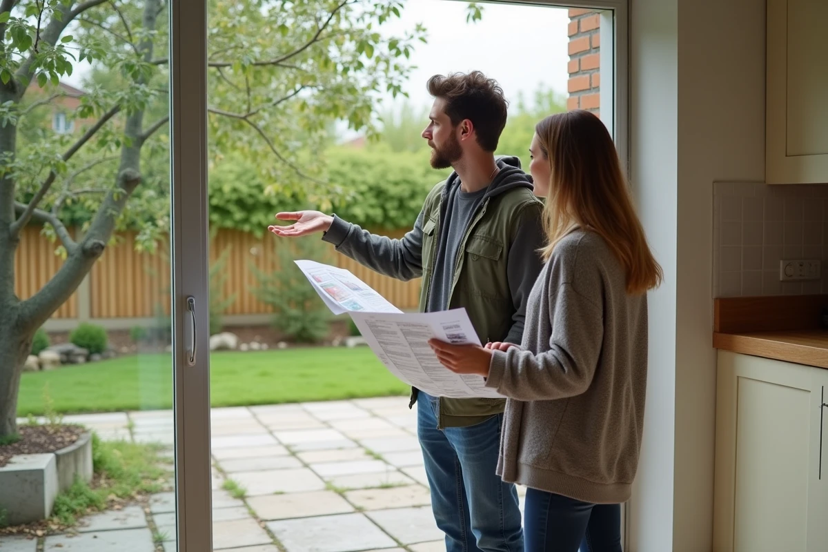 Couple visitant une maison à vendre près de Saint-Nazaire avec jardin et terrasse en pierre