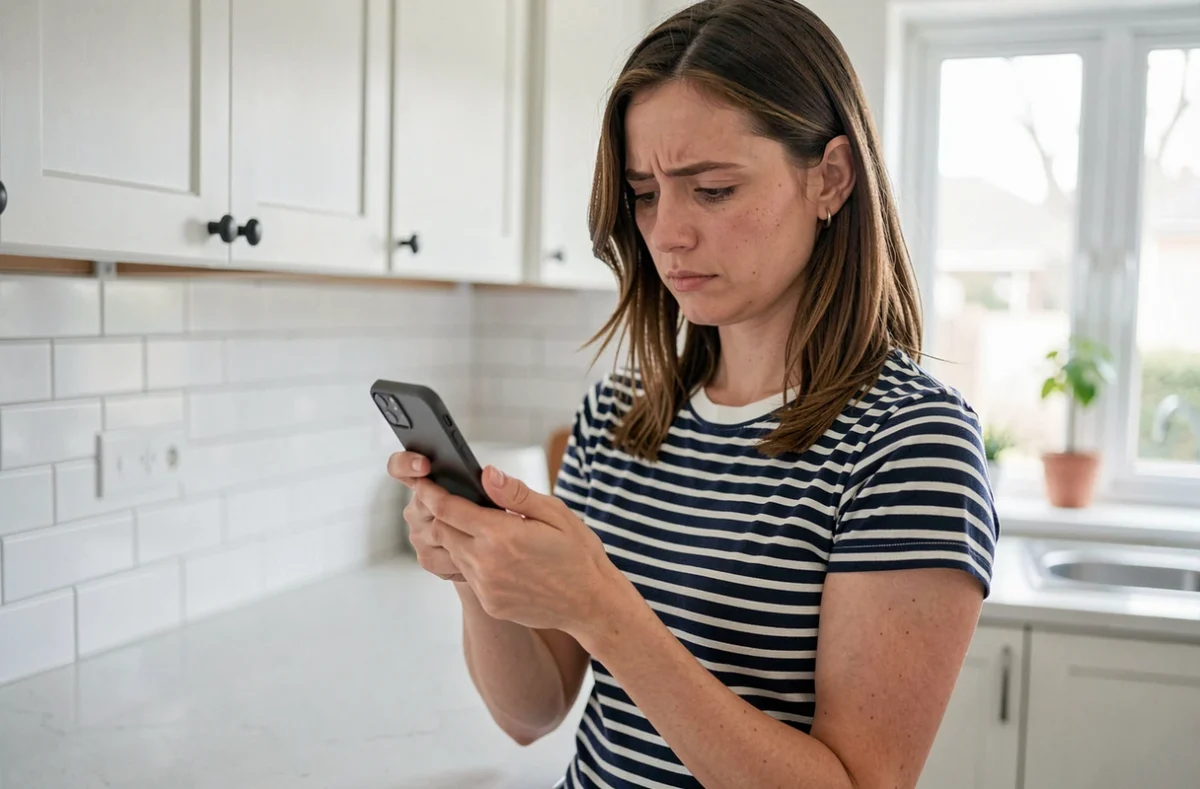 Jeune femme créant son compte Orchestra depuis son smartphone dans une cuisine moderne