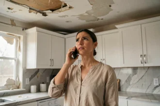 Femme au téléphone dans une cuisine avec des dégâts des eaux au plafond, illustrant un sinistre couvert par l'assurance habitation
