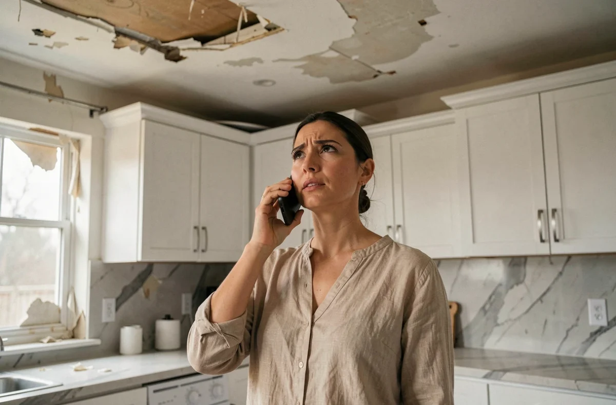 Femme au téléphone dans une cuisine avec des dégâts des eaux au plafond, illustrant un sinistre couvert par l'assurance habitation