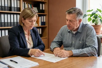 Locataire et bailleur examinant un contrat de location avec dépôt de garantie dans une agence immobilière